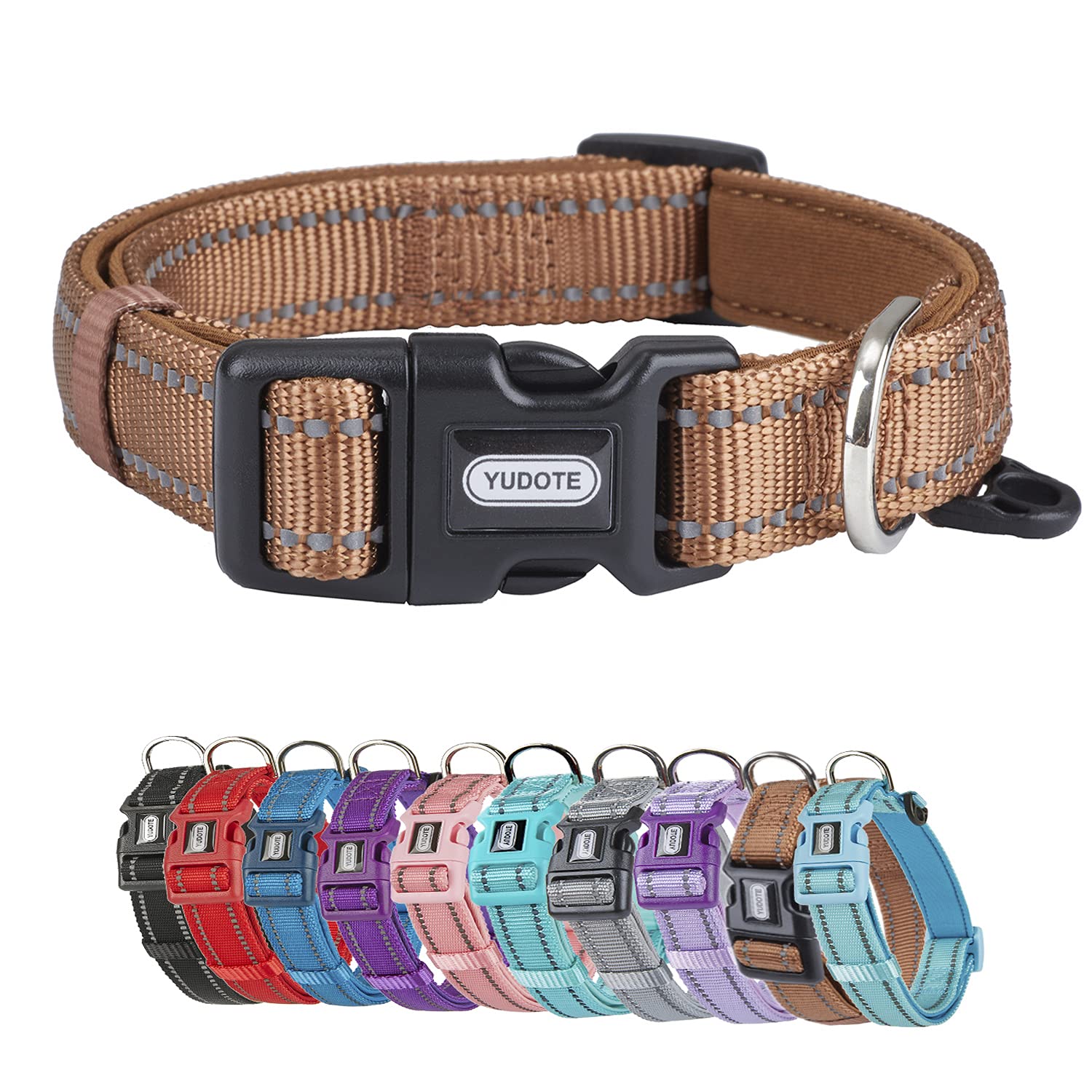 YUDOTE Dog Collar Strong Reflective Nylon Webbing with Soft Comfy Neoprene Padded Linning for Large Canines Daily Use,Brown