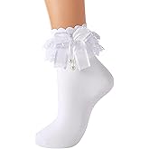 NiceBaby Ruffle Socks Women, Double Lace Cute Frilly Ankle Socks with Bow Tassels Pearl