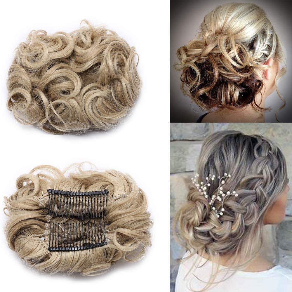 Silk-co Scrunchie Hair Bun Messy Curly Hair Extension Stretch Combs Clip in Ponytail Ombre Hairpieces Light Ash Blonde&Bleach Blonde โ image 1