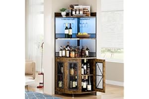 Garvee 5-Tiers Corner Bar Cabinet with Power Outlet,64 in Industrial Tall Wine Cabinet with LED Lights&Glass Holder, Liquor C