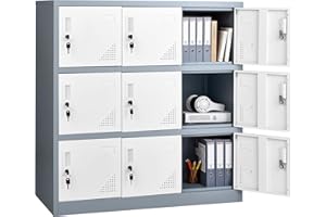 VEVOR 9 Doors Metal Locker, Lockable Steel Storage Cabinet, 66 lbs Loading Capacity, 2 Keys for Each Door, 3 Tiers Employee L