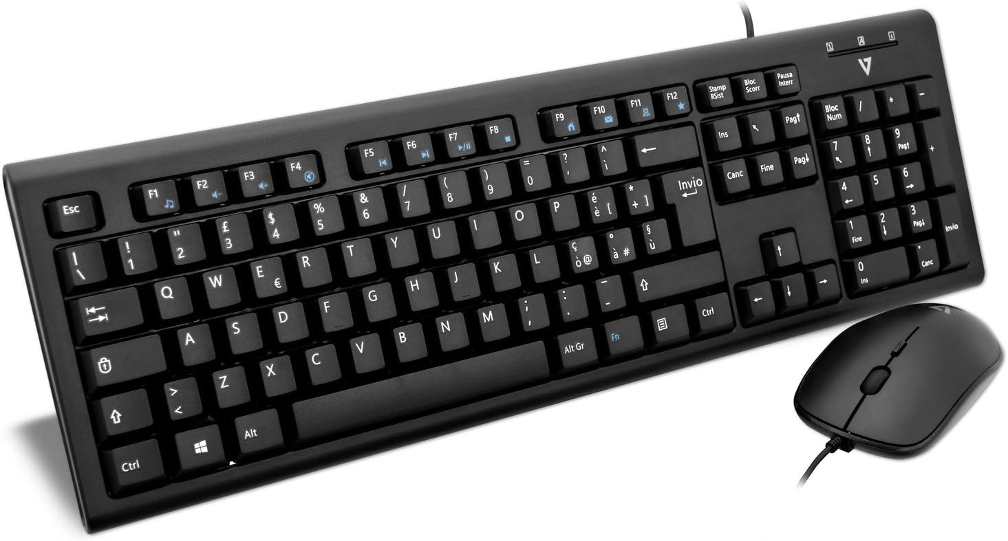 V7CKU200IT Keyboard and Mouse Combo USB/PS2 Italian Layout (IT, Wired, USB, PS2-Adapter, Media-Hot-Keys), Black