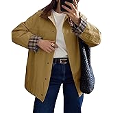 Tankaneo Womens Trench Coat Oversized Fall Barn Jacket Leather Collar Plaid Color Block Windproof Overcoat