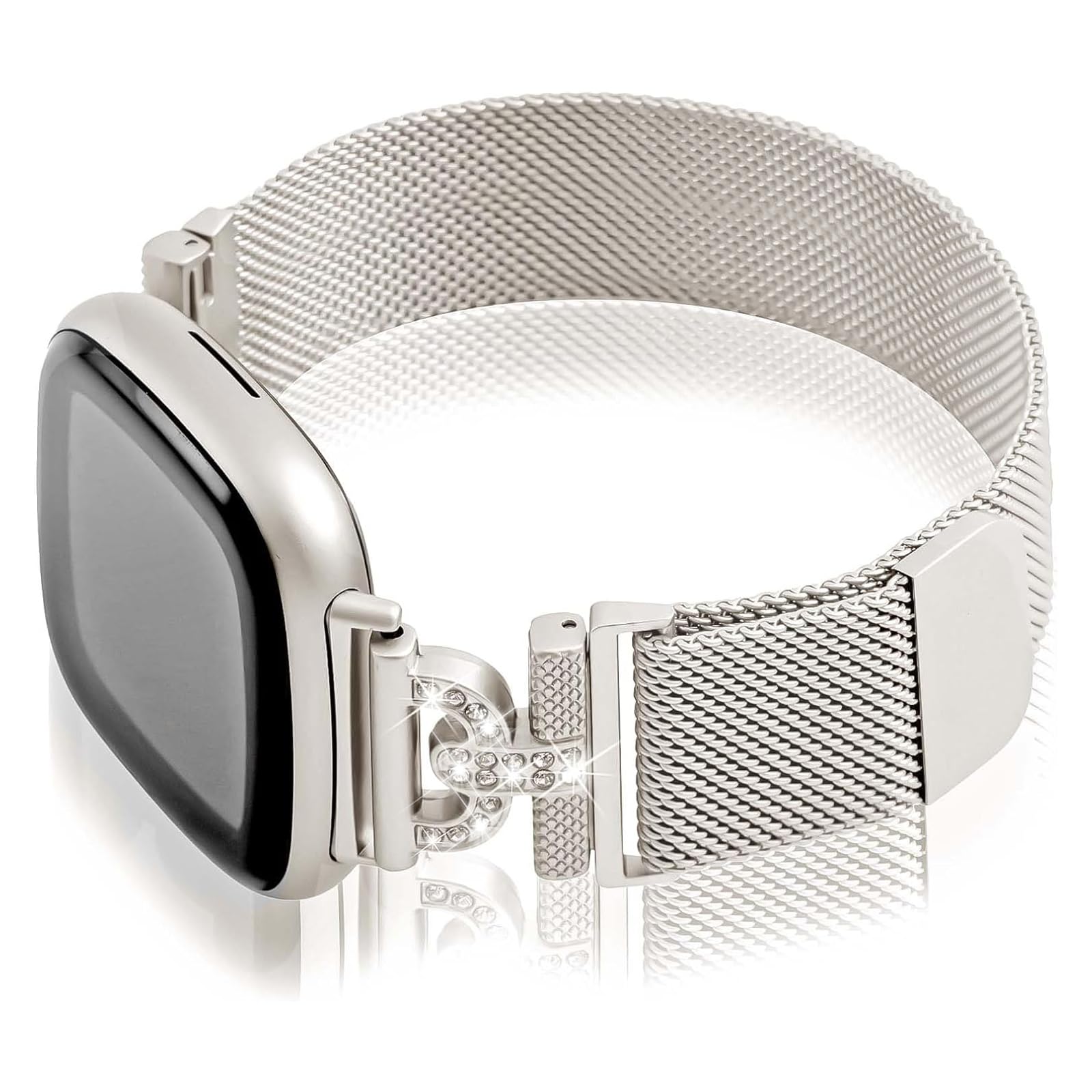 HAYONLIY Magnetic Bands Compatible for Fitbit Sense 2/Fitbit Versa 4/Fitbit Sense/Fitbit Versa 3, Mesh Stainless Steel Bling Strap, Dressy Replacement Adjustable Wristband for Women-Starlight