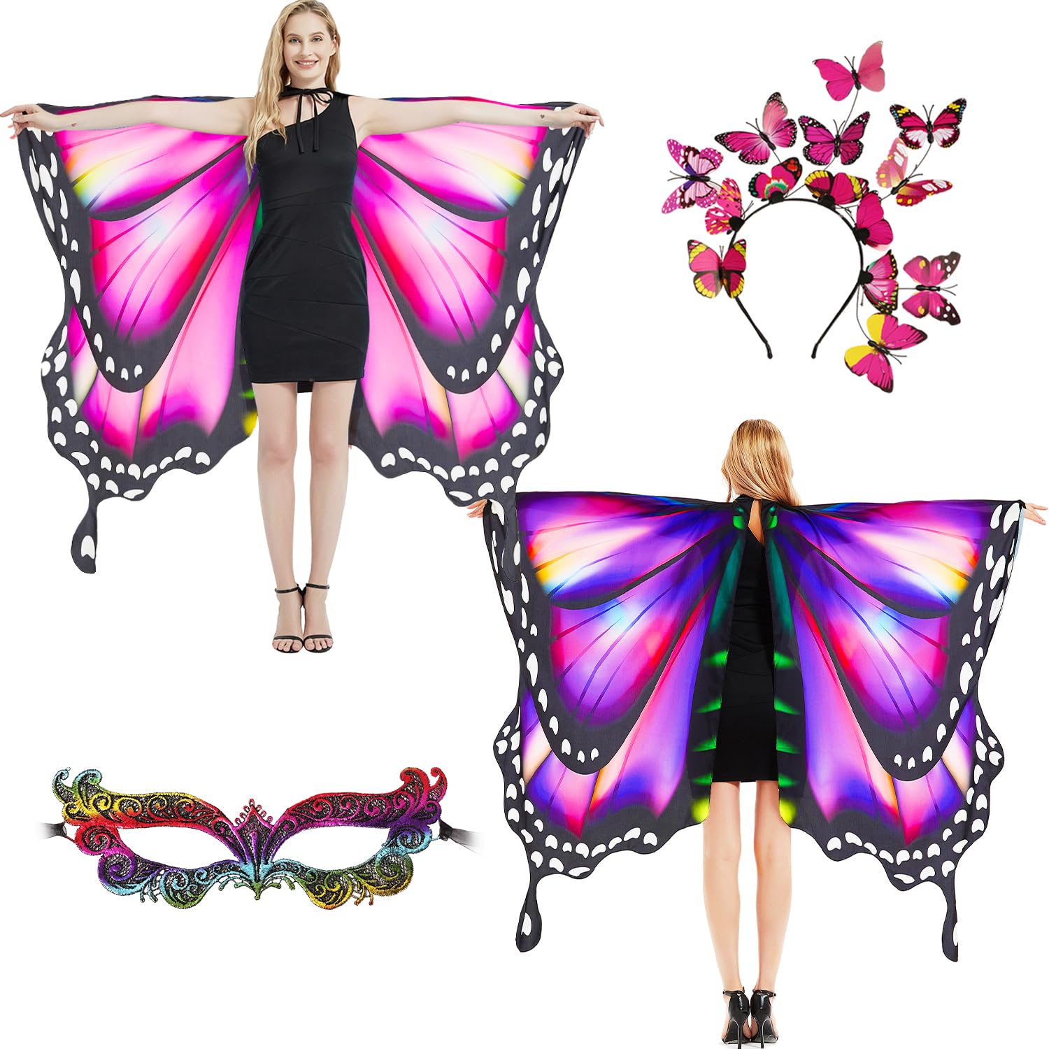 plainshe Butterfly Wings Double-Sided, Fairy Wings for Adults, Halloween Costumes for Women, 3PCS Butterfly Cape Set (Double-Sided 3)
