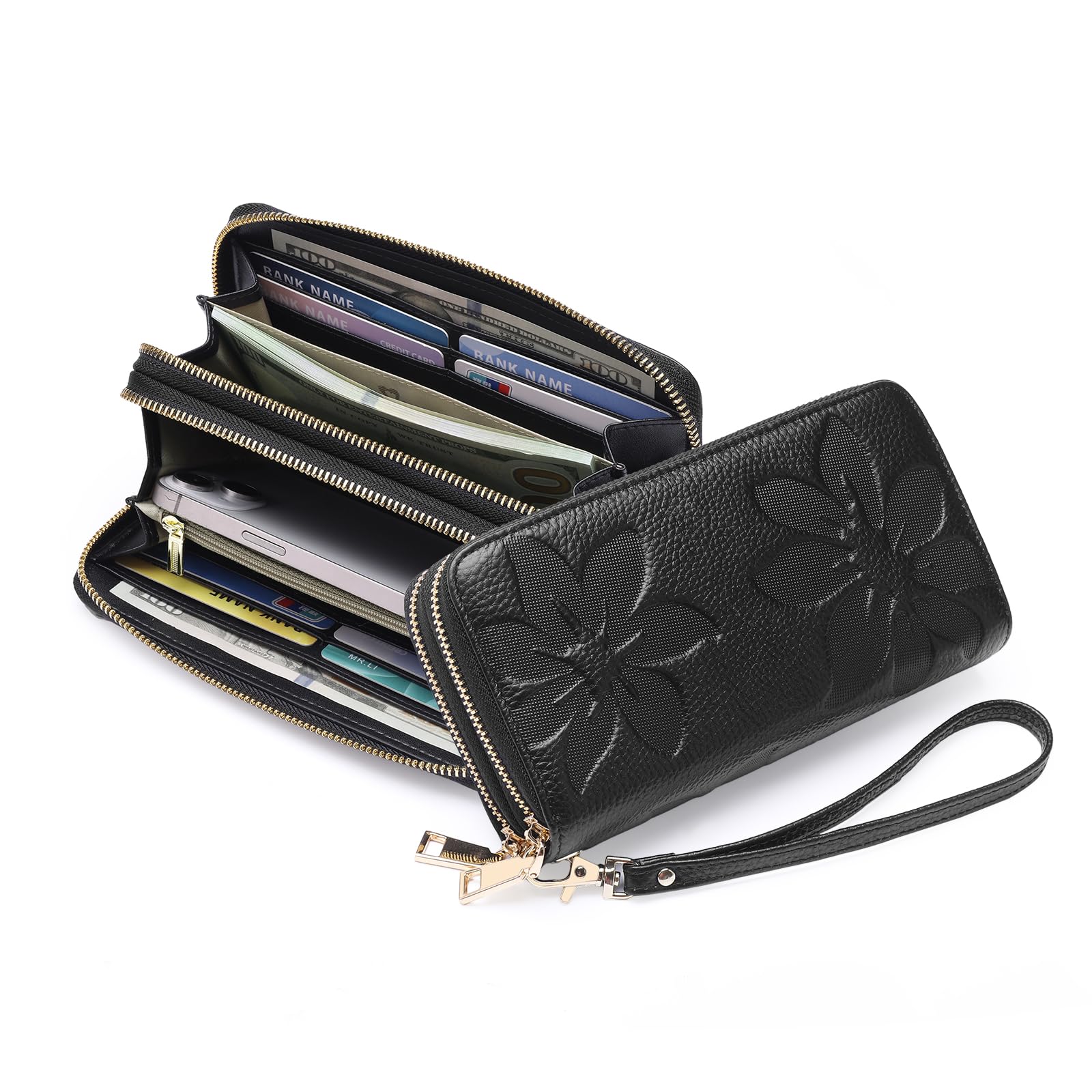 GOIACII Women's Wallet Large Capacity Double Zip Ladies Card Phone Holder RFID Blocking Wristlet Leather