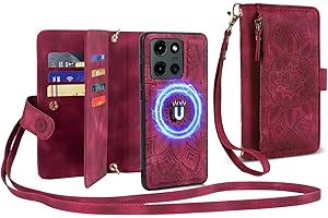 Harryshell Crossbody Wallet Case for Motorola Moto G 2025 Detachable Magnetic Phone Cover, [ RFID-Blocking ] Card Slots, Cash Coin Zipper Pocket Short Wrist Strap (Floral Wine Red)