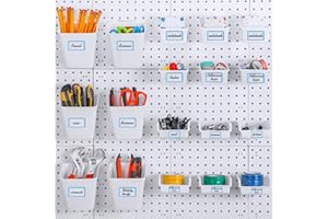 Uiifan 18 Set Pegboard Bins Kit Plastic Pegboard Cups with Metal Hooks Wall Containers Organizer Accessories with Label Stickers for DIY Tools Craft Office Workshop Garage Storage(White)