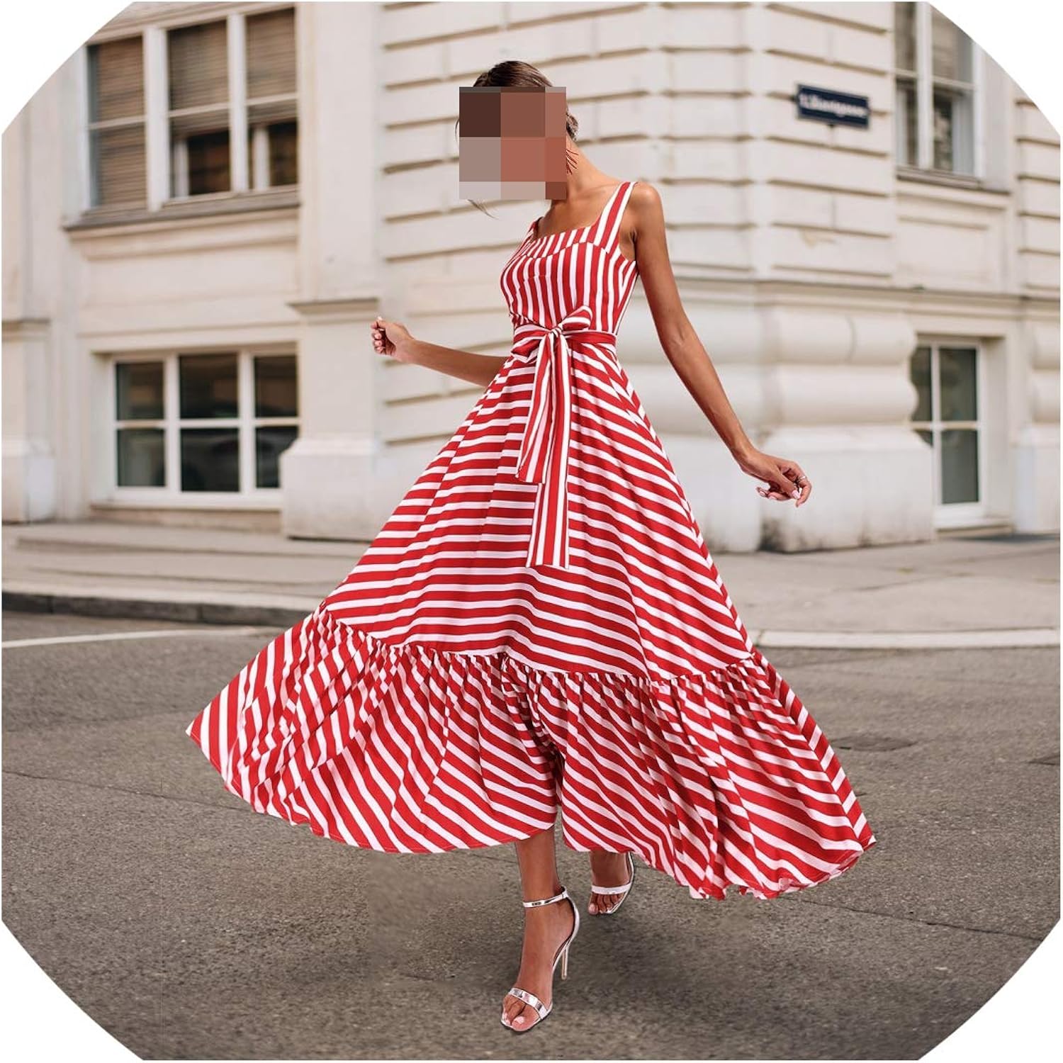 red and pink striped dress