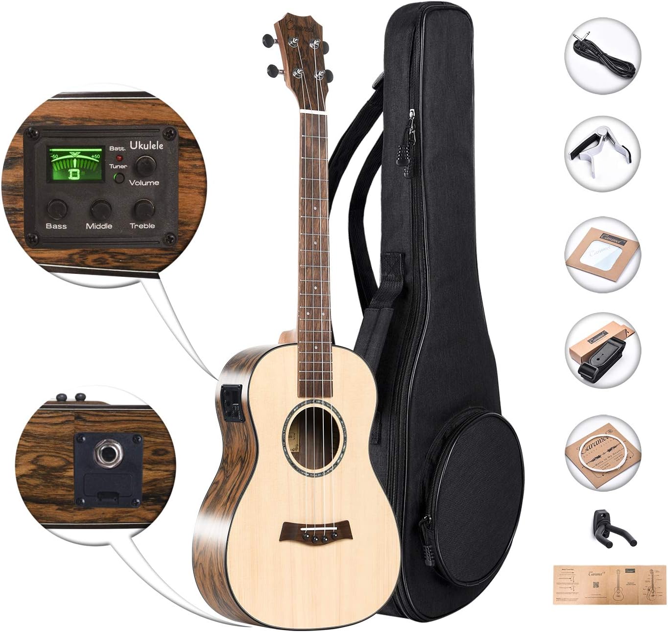 Caramel CB302 Solid Spruce Top Butterfly Bocote Baritone Acoustic & Electric Ukulele with Truss Rod Aquila Strings, Padded Gig Bag, Strap and Wall hanger