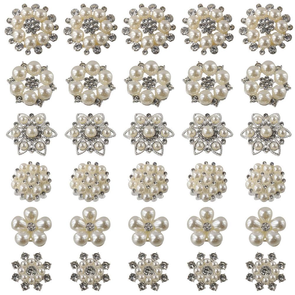 YYlingx 30 PCS Pearl Rhinestone Buttons 6 Styles Faux Pearl Crystal Rhinestone for Jewelry Making Wedding Party Home Decoration DIY Craft
