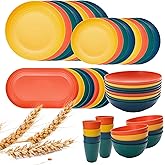 Lazycorner 48-Pcs Kitchen Wheat Straw Dinnerware Set, Service for 8, Plastic Reuasble Dinner Dishes Serving Plate Set for Kitchen, Including Dinner Plate, Dessert Plate, Bowl, Cup(Multicolor)