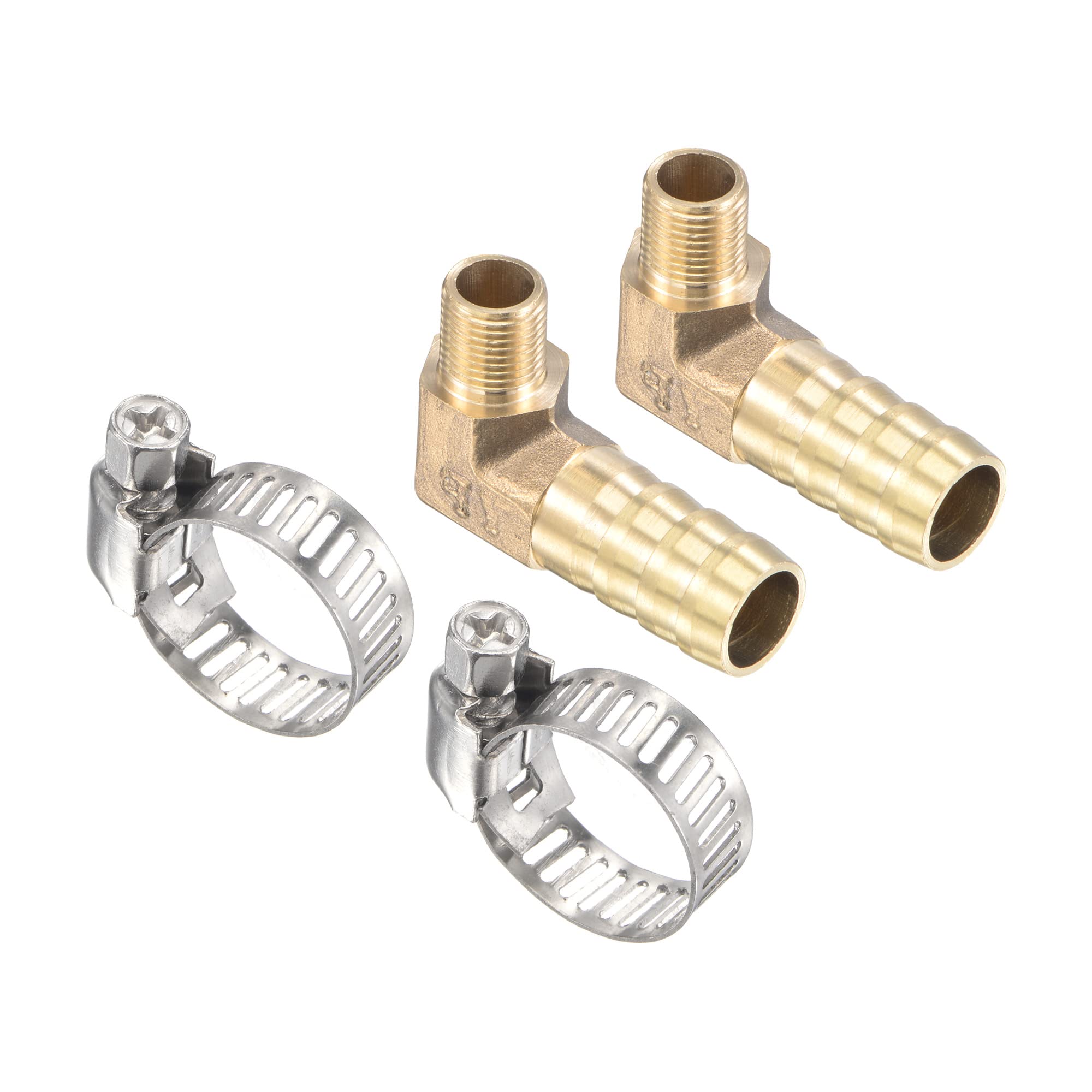 M METERXITY 2 Pack Brass Hose Barb Fittings - 90 Degree Elbow 12mm Brass Pipe Connector with Hose Clamps Apply to Water(G1/8 Male Thread)