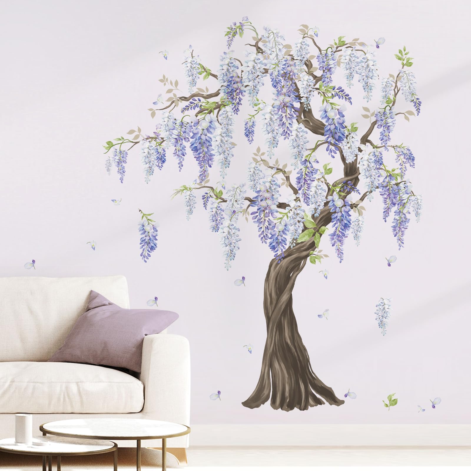 wondever Purple Flower Tree Wall Stickers Large Tree Wisteria Floral Peel and Stick Wall Art Decals for Bedroom Living Room Sofa TV Background
