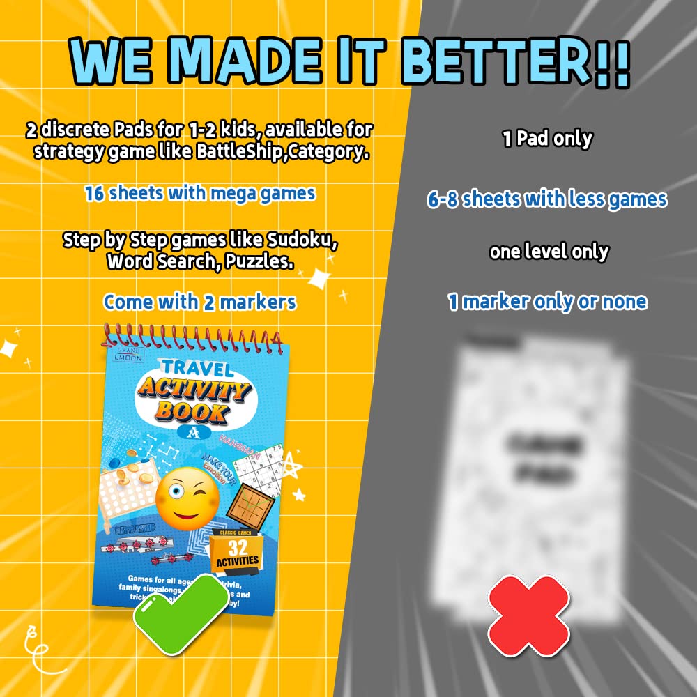 2 Pack Reusable 32 Activity Game Mats Pads with Dry Erase Marker as Travel Toy & Learning Tool for Ages 6-12 (9”X 6”)