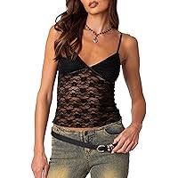 Naileksi Women Sheer Lace Crop Cami Top Spaghetti Strap See