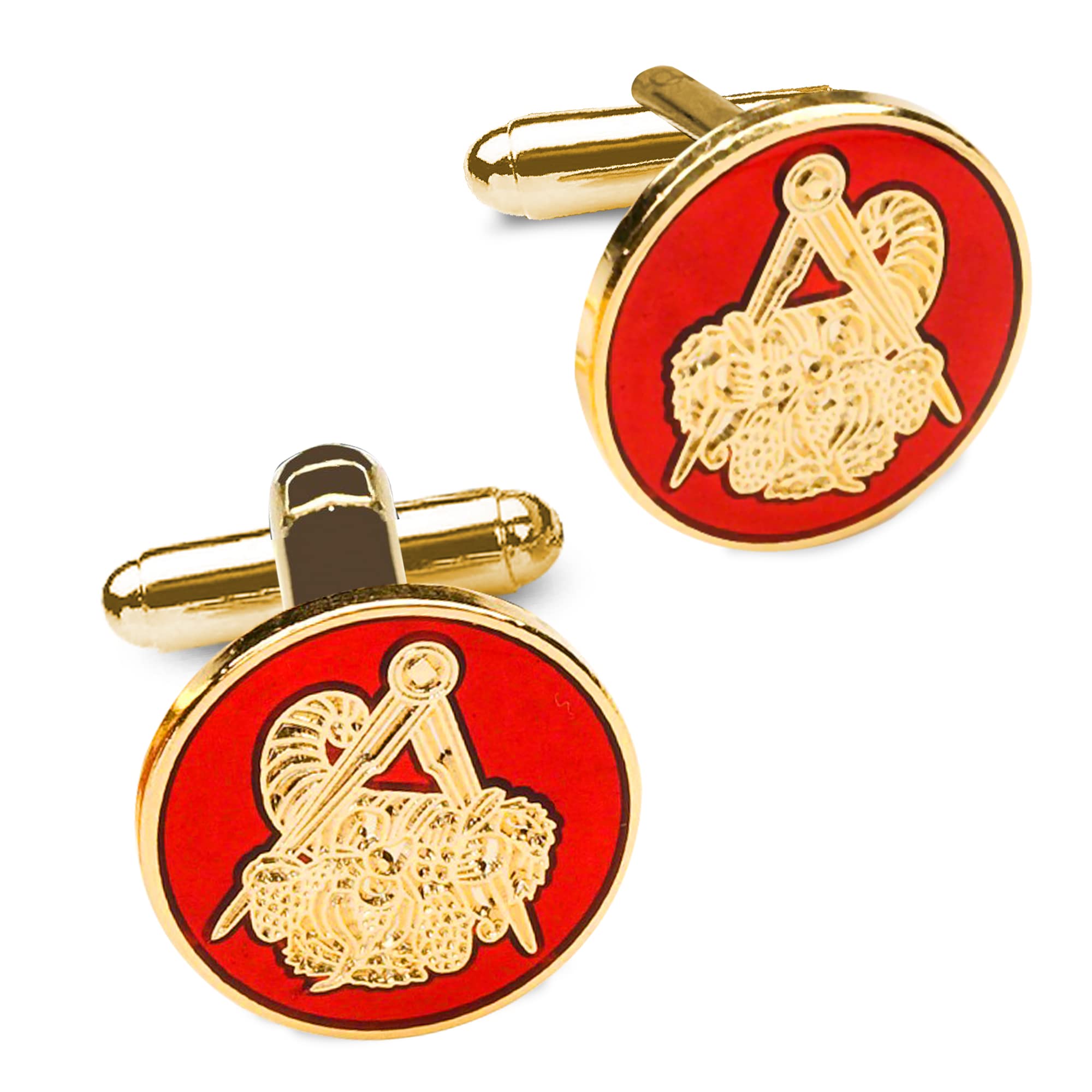 THE MASONIC COLLECTION - Red Round Masonic Stewards Cufflinks (Cornucopia Symbol) - Gold plated - Velvet Pouch/Cufflink Box - Freemason Gifts for Men