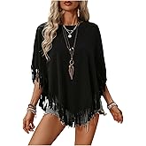 SweatyRocks Women's Half Short Sleeve Fringe Trim Top Round Neck Asymmetrical Hem Loose Tee Shirts Blouse