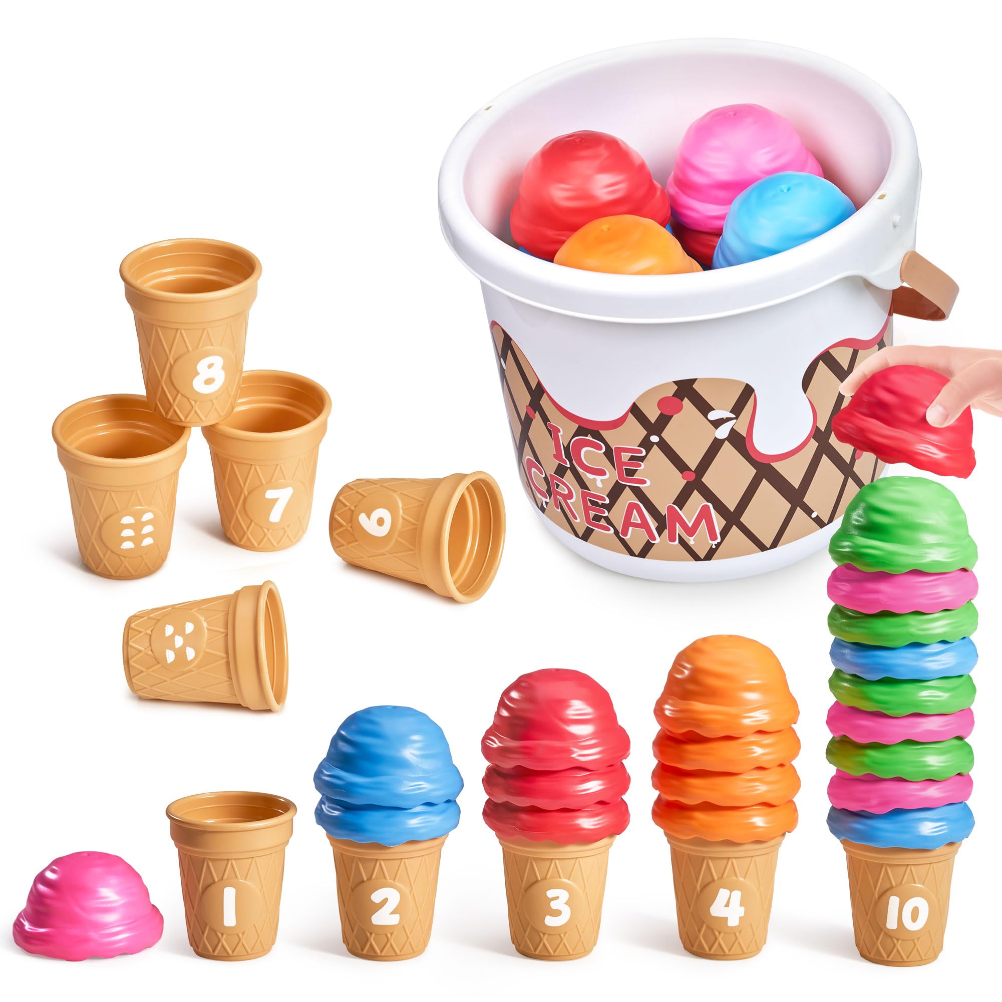 JoyCat Ice Cream Preschool Learning Activities Counting and Color Sorting Set Stacking Toys for Kids 1-5, Educational Fine Motor Skills Toys, 30PCS Math Manipulatives Learning Food Toys