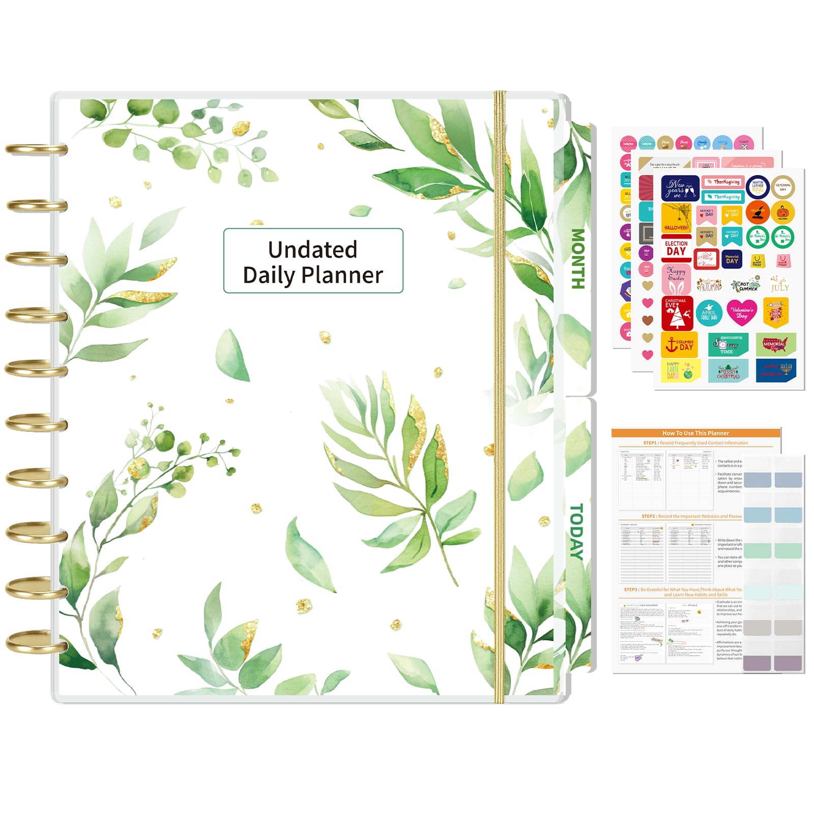 Photo 1 of EYROZILL Undated Daily Planner, Disc-Bound System with Removable Pages, Customizable Planner with Laminated Cover, Hourly Time Slot Layout Layout, Letter Size, 180 Pages, Green Leaves