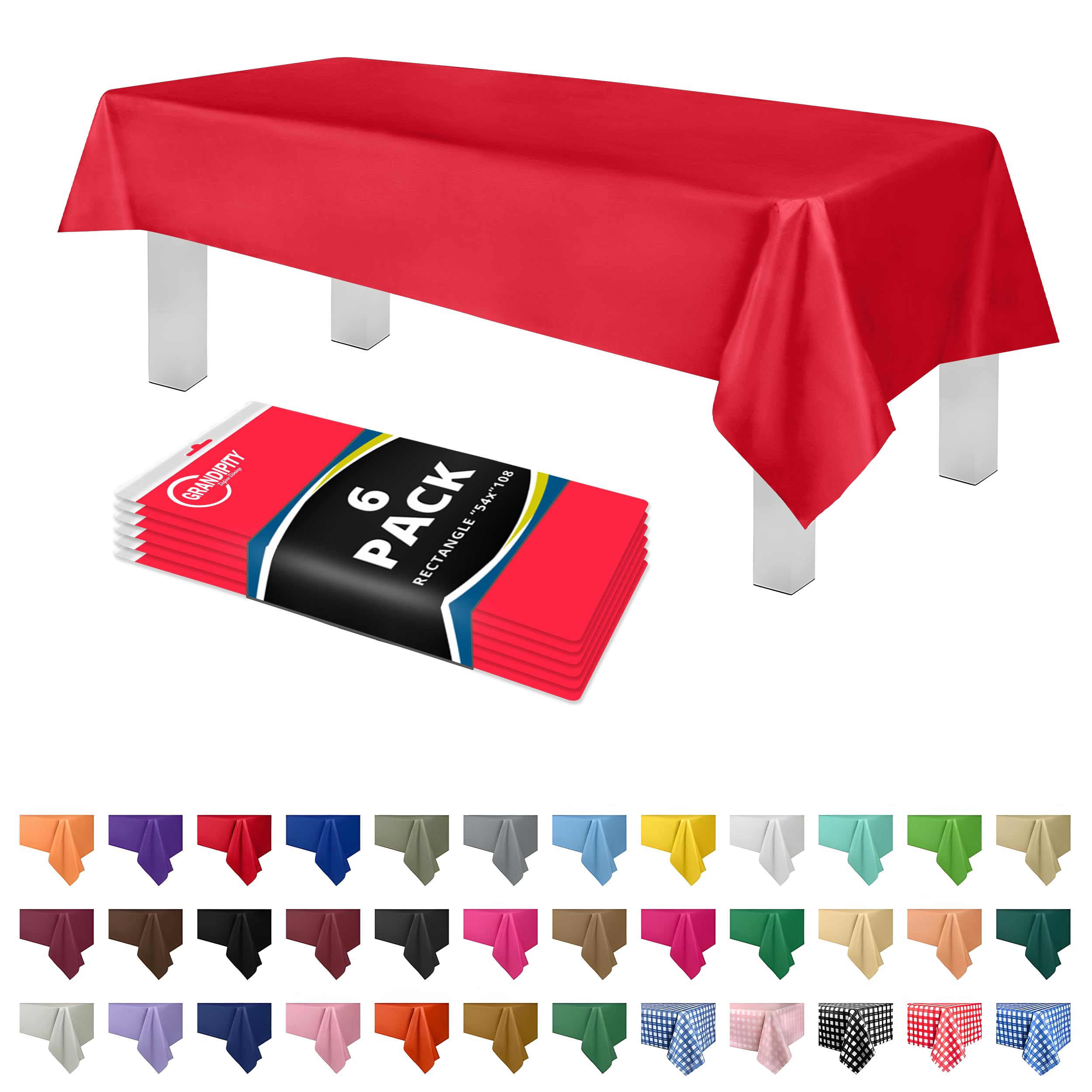 Red 6 Pack Premium Plastic Tablecloth 54 Inch. x 108 Inch. Rectangle Table Cover By Dluxware