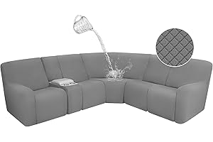 ALIECOM 100% Waterproof Sectional Recliner Couch Covers L Shape Sofa Cover Stretch 7-Piece Corner Couch Cover for Reclining Sectional Slipcover Furniture Protector (5 Seat and 1 Console, Gray)