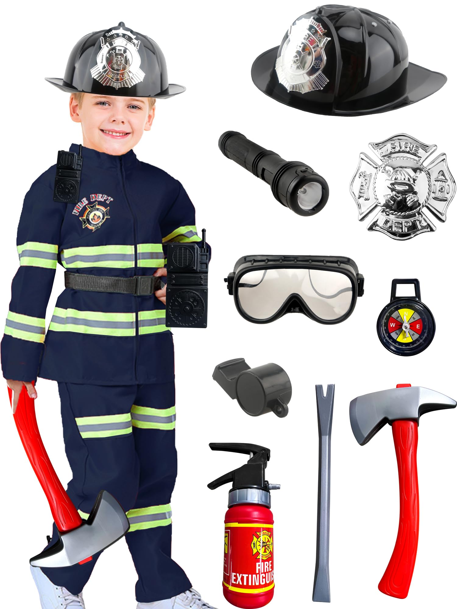 Puteraya 13 Pcs Kids Fireman Costume Set Children Firefighter Pretend Role Play Outfits for Boys Fireman Dress Up Toys Halloween Cosplay (Fireman Costume Set 2, 10-12 Years (133-153cm))