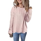 HERILIOS Women's Long Sleeve Round Neck Regular Fit Shirt Solid Color Patchwork Knit Top Blouse Shirts
