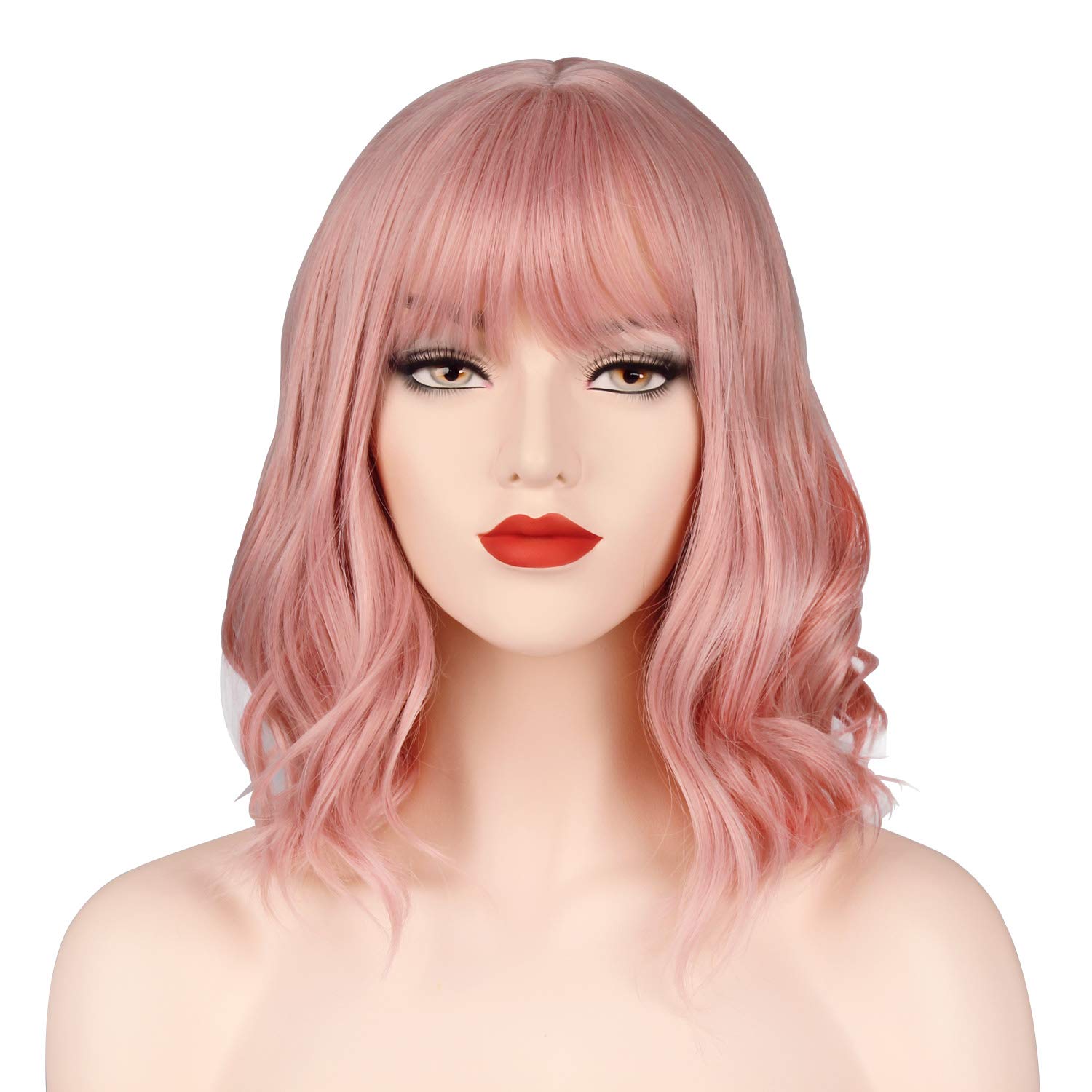 OKVGO Short Curly Bob Wig with Wig Cap for Women Cosplay Party and Daily Use Pink