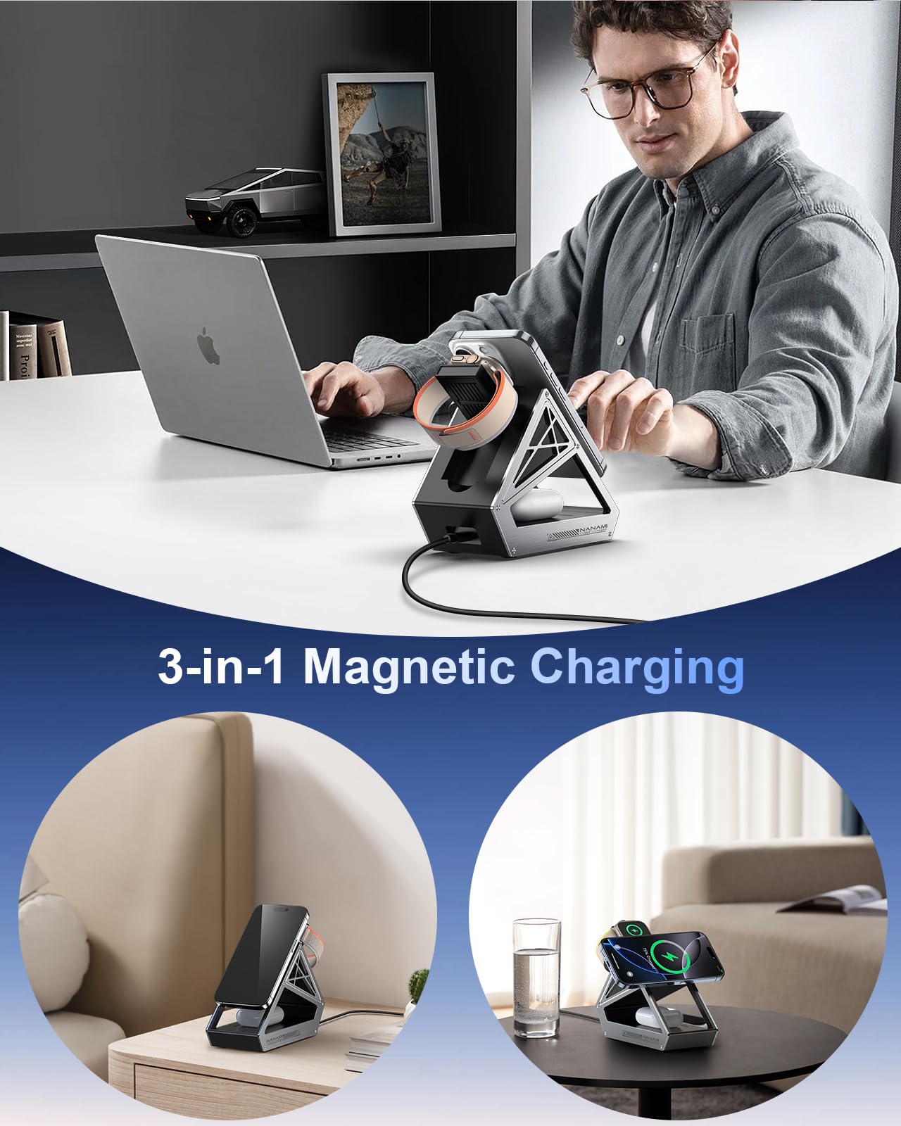 NANAMI 3 in 1 MagSafe Ladegerät mit 30W Netzteil, Qi2 15W iPhone Wireless Charger, Apple Watch Schnellladen 5W für Watch 11/10/9/8/7/Ultra/Ultra2, Ladestation für iPhone 17/16/15/14/13/12 & AirPods 7