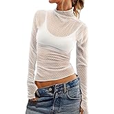 OFEEFAN Womens Long Sleeve Mesh Top See Through Mock Neck Sheer Blouses
