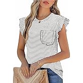 JUSTFASHIONNOW Womens Summer Tops Striped T-Shirts 2026 Ruffle Short Sleeve Crew Neck Casual Blouses with Pocket