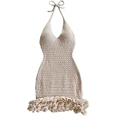 GORGLITTER Women's Crochet Halter Mini Dress Vacation Miami Beach Outfits | Crochet Dresses for Women Summer, Knit Bubble Dress, Cruise Resort Summer Outfits