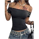 BEAUDRM Women's Off The Shoulder Crop Top Y2k Studded Punk Tee Shirts Sexy Going Out Tops Concert Outfits