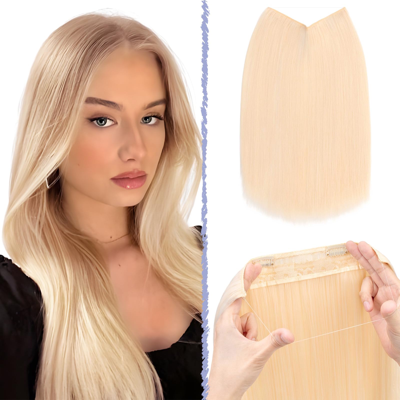 TESS Secret Wire Hair Extension Invisible One Piece Synthetic Hair Extensions Straight Full Thick Long Adjustable Hairpieces for Women (Bleach Blonde With Platinum Blonde, 16 Inch) — image 1