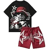 COZYEASE Men's 2 Piece Outfits Y2K Graphic Short Sleeve T Shirt and Drawstring Waist Shorts Set