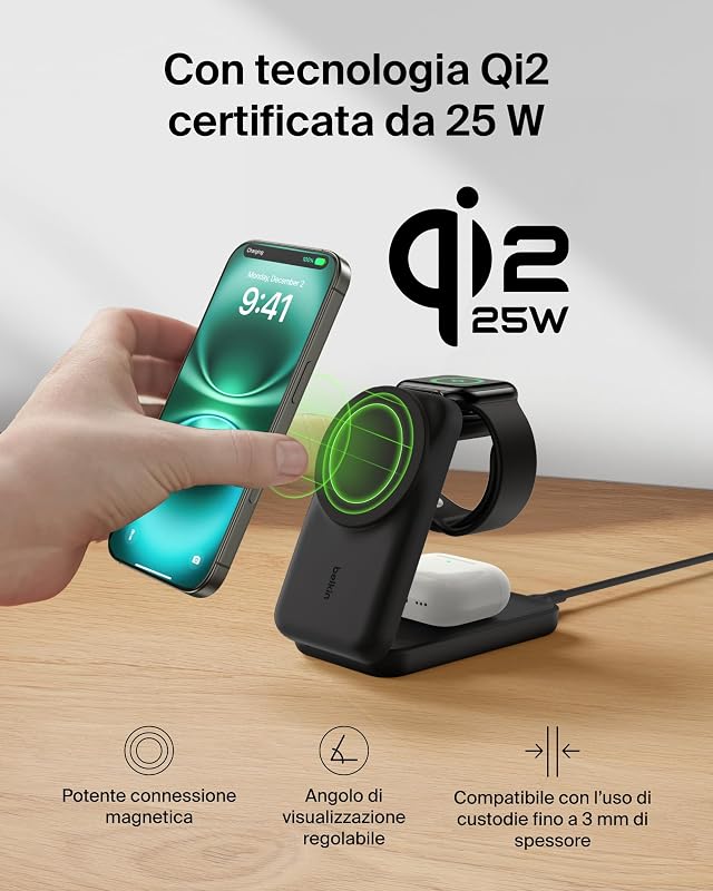 UltraCharge Caricatore Wireless Magnetico Qi2 25W 3 in 1 - Nero