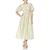 Moon River Womens Shirred Puff Sleeve Back Cut-Out Midi Dress