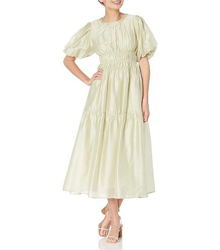Moon River Women's U Neck Puff Sleeve Shirred Tiered midi Dress, Blue, M at Amazon Women's Clothing store
