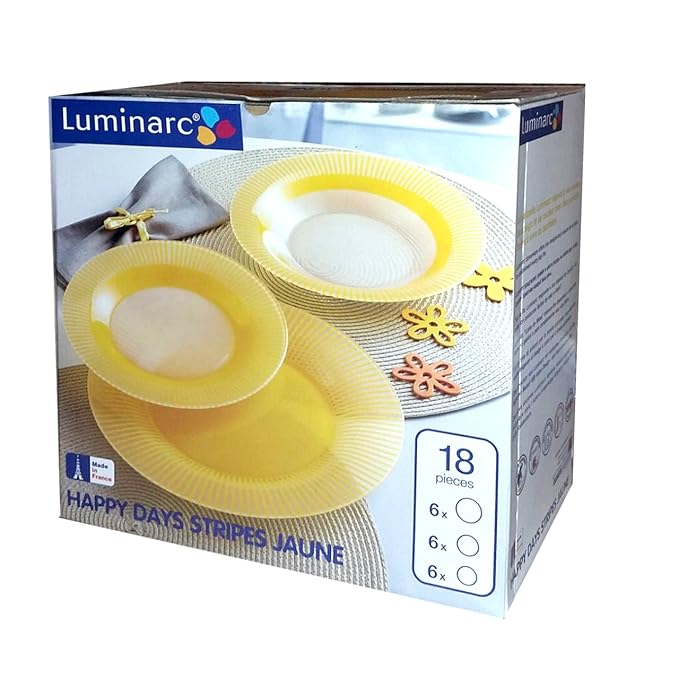 Service Komplett-Teller 18 Stück Set für 6 Personen der Luminarc Happy Stripes Jaune Gelb mit Dekor Opalglas Arcopal