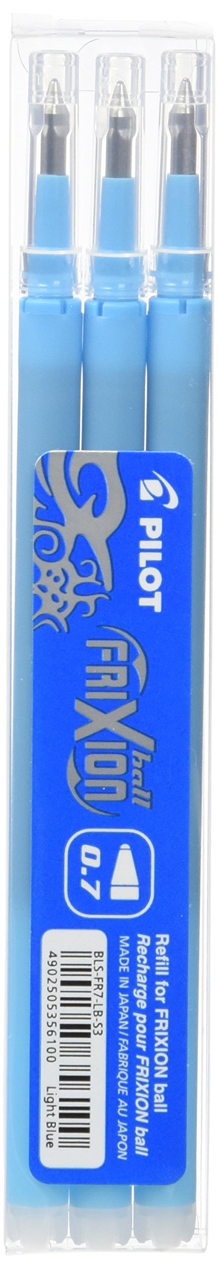 Pilot Frixion rollerball pen refill with 0.7mm line width and light blue ink, PACK of 3
