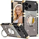 Fofvccv for iPhone 17 Pro Max Glitter Case with Makeup Mirror & Ring Kickstand, Women Gradient Sparkly Bling Case TPU Bumper Shockproof Cover with 360° Stand for iPhone 17 Pro Max SFJ Black