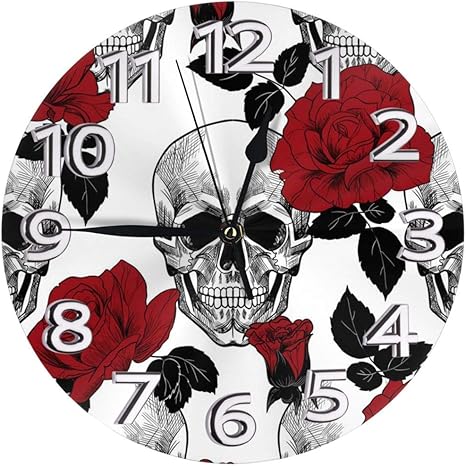 Amazon Co Jp 掛け時計 壁掛け時計 スカルレッドローズ かけ時計 おしゃれ 耐久性 静音 音無し シンプル デザイン 連続秒針 電池式 直径25cm 寝室 部屋装飾 オフィス 丸形 時計 ホーム キッチン