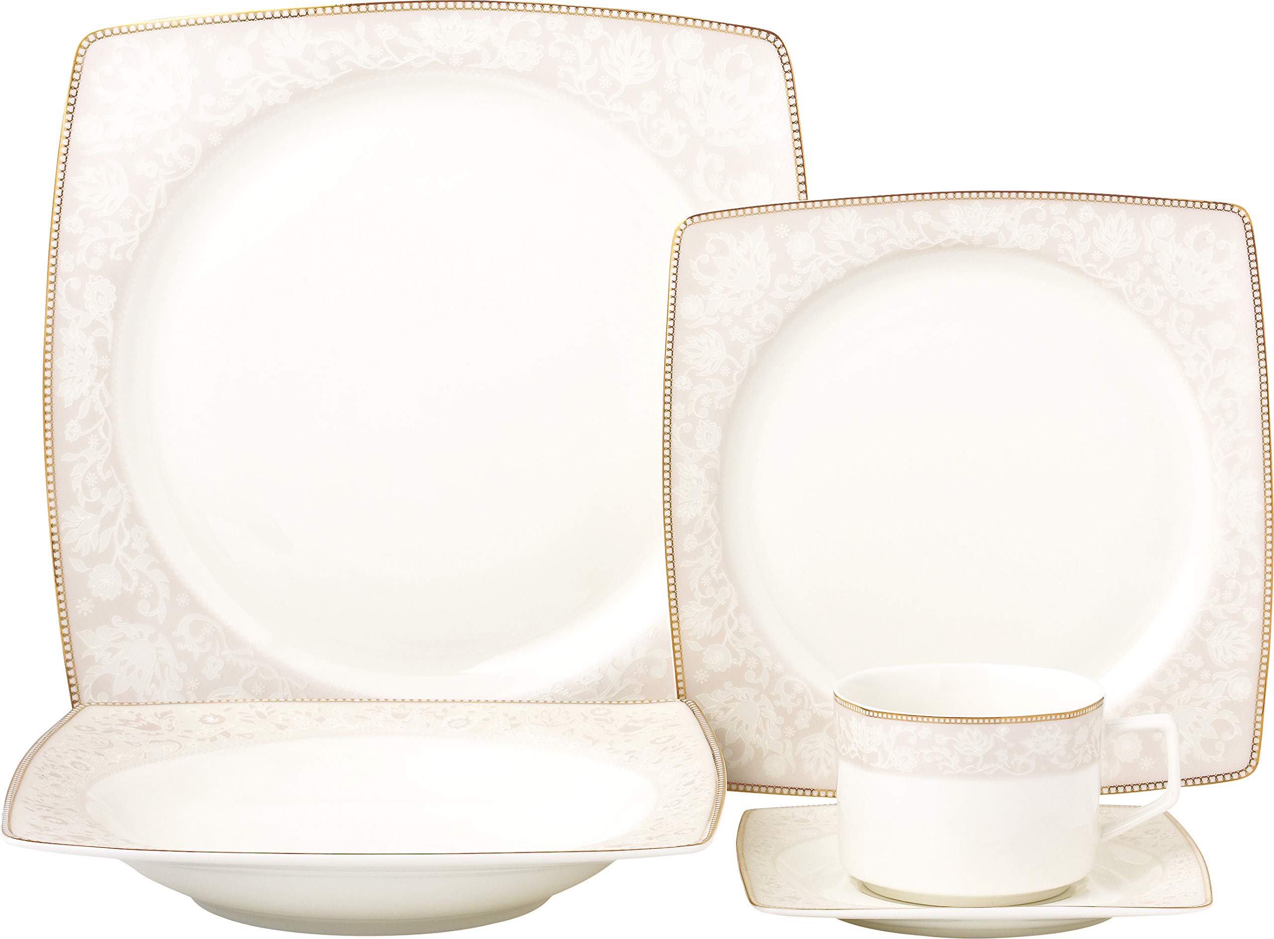 Royalty Porcelain Fancy Square Design 20-pc Dinnerware Set 'Pink Blossom', Premium Bone China Porcel