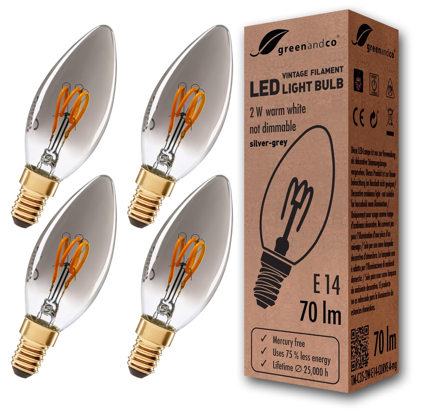 greenandco® E14 C35 LED Vintage Filament Bulb Silver Grey 2W 70lm 1800K Extra Warm White 360° 230V, no Flicker, not dimmable, 4-Pack