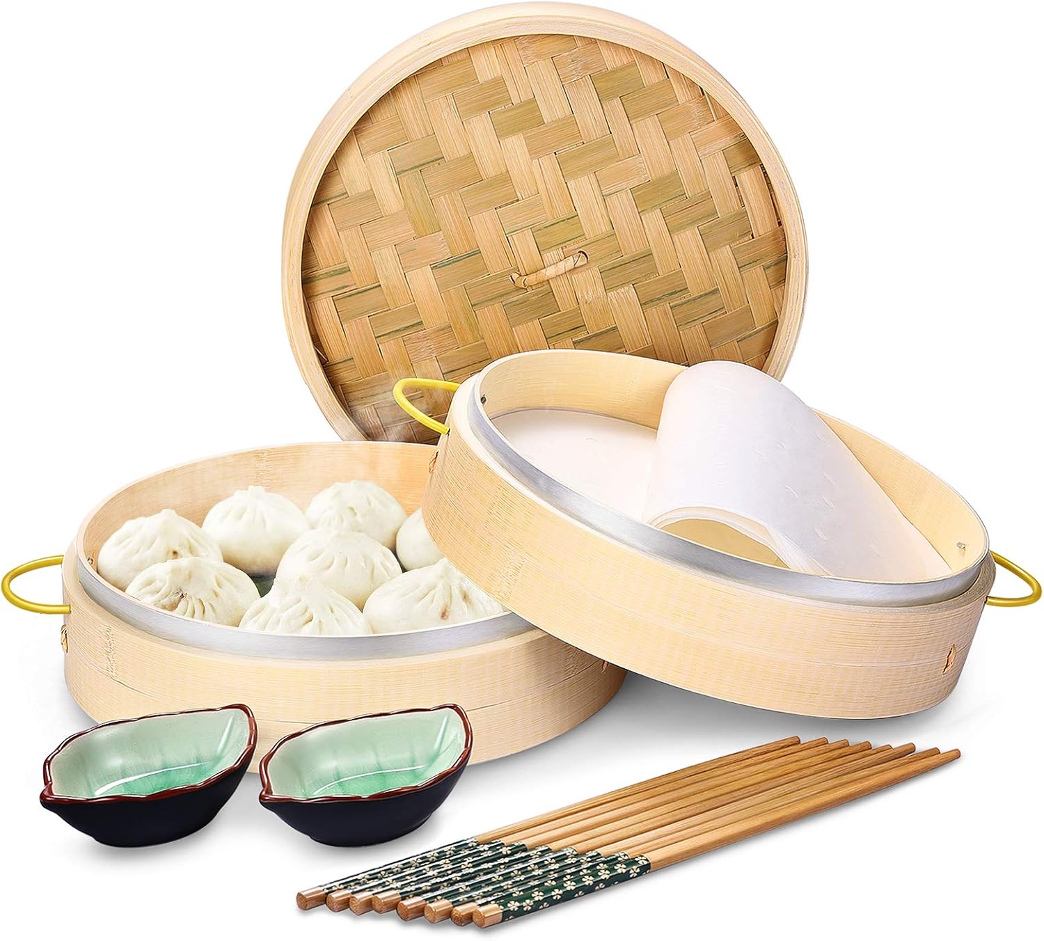 Bamboo Steamer, MacaRio 10 Inch Handmade Baskets with Side Handles & Banding, 4 Sets Chopsticks 2 Ceramic Sauce Dishes 50 Paper Liners, Healthy Cooking for Dim Sum Dumplings, Buns, Seafoods: Kitchen & Dining