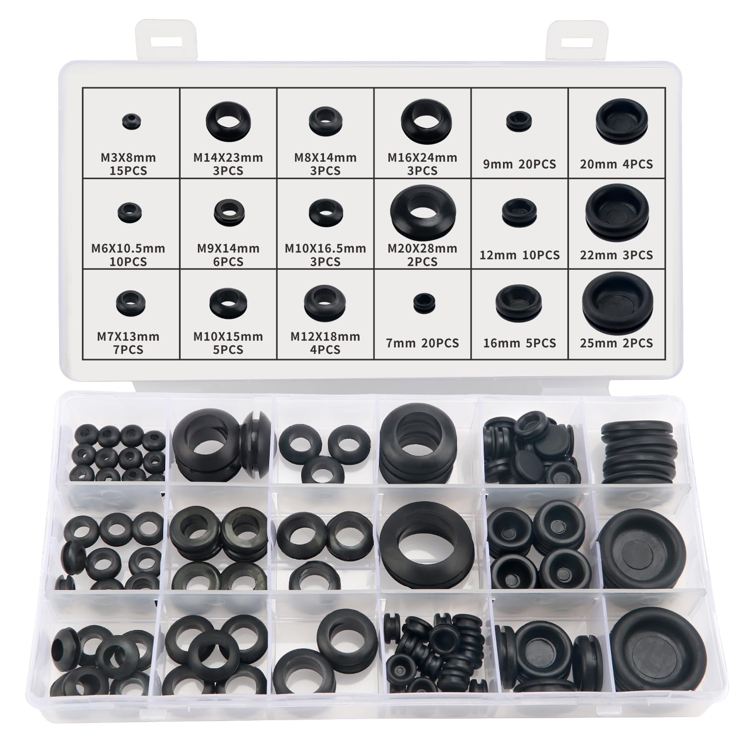 YIXISI 125 PCS 18 Sizes Rubber Grommets Kit, Conductor Gasket Ring Grommets, Black Rubber Hole Plugs Electrical Wire Gaskets, for Protecting Wires, Plugs and Cables