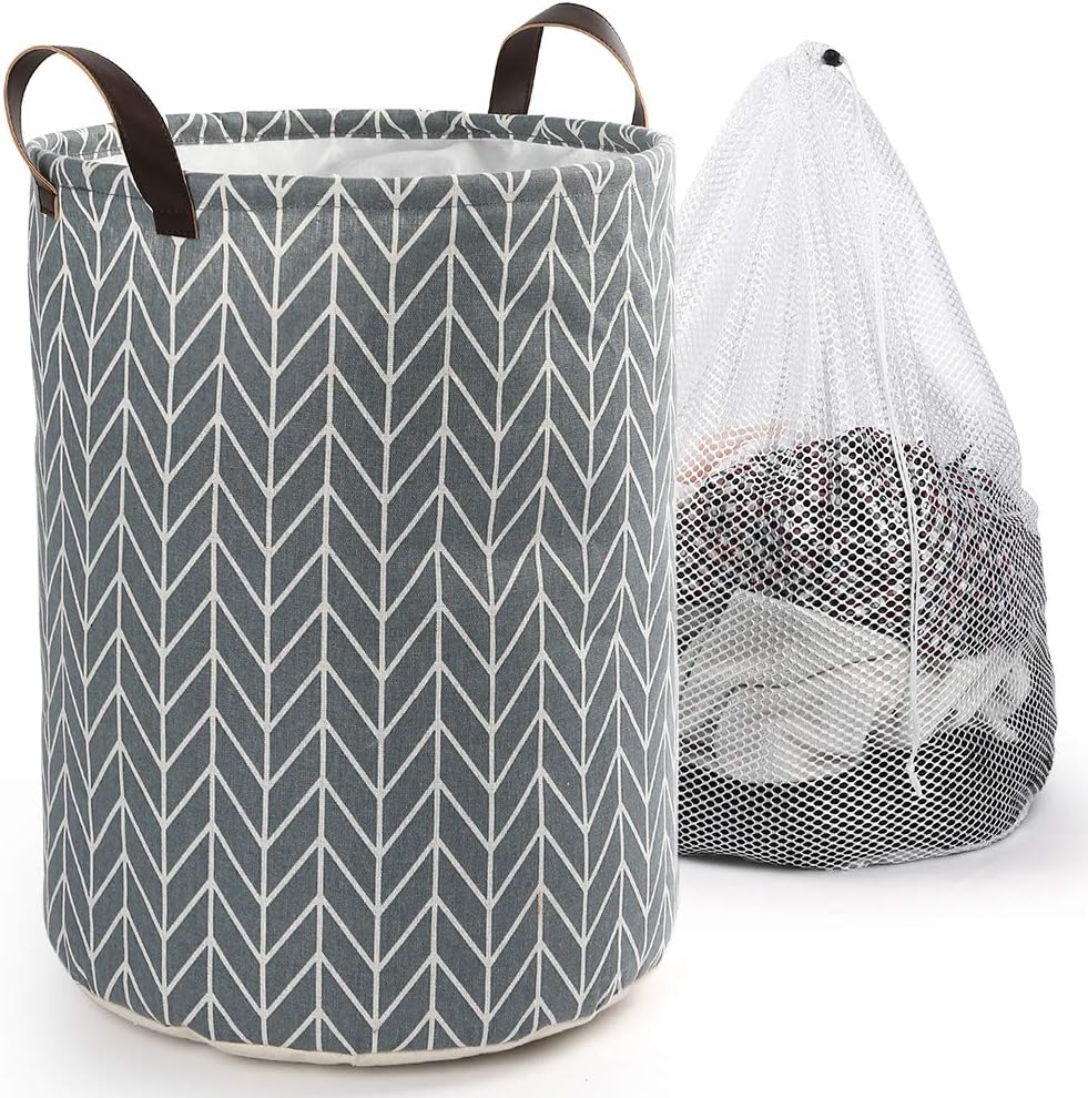 LotFancy Medium Laundry Hamper, Round Canvas Laundry Basket, 17.7inch Hamper for Nursery, Kids Room, Boy, Girl, Storage Basket for Toys, Clothing and Books, Collapsible Cotton Linen Organizer