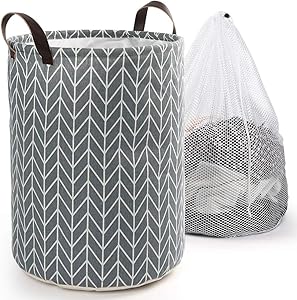 LotFancy Medium Laundry Hamper, Round Canvas Laundry Basket, 17.7inch Hamper for Nursery, Kids Room, Boy, Girl, Storage Basket for Toys, Clothing and Books, Collapsible Cotton Linen Organizer
