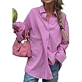 SOLY HUX Women's Button Down Shirts Striped Long Sleeve Oversized Shirt Collared Office Work Blouses Tops